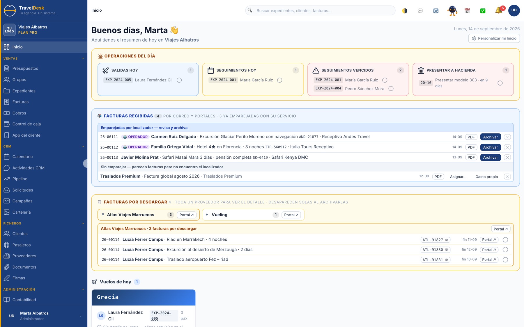 Inicio de TravelDesk con las facturas recibidas por correo y portales y las facturas por descargar